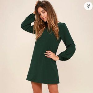 Lulus Perfect Situation Dark Green Long Sleeve Shift Dress Size Medium